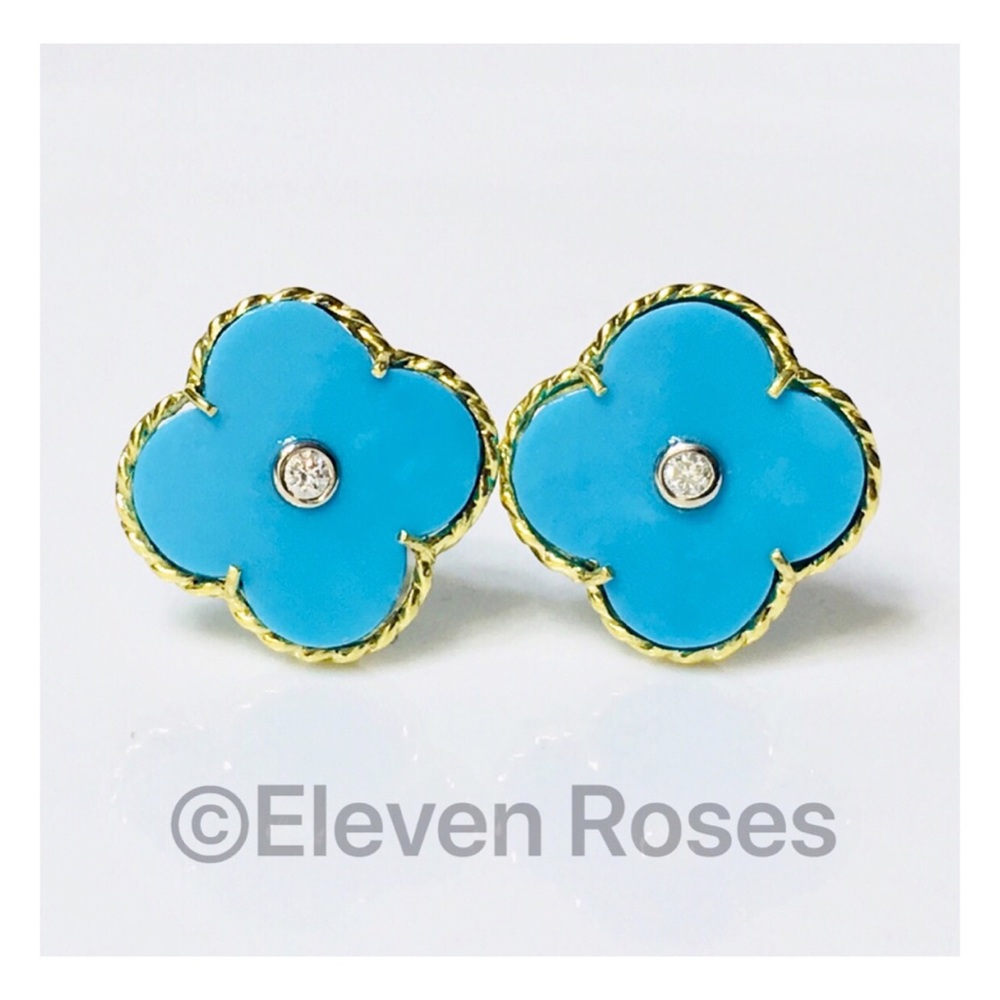 MAZ 18k Gold Turquoise & Diamond Clover Earrings